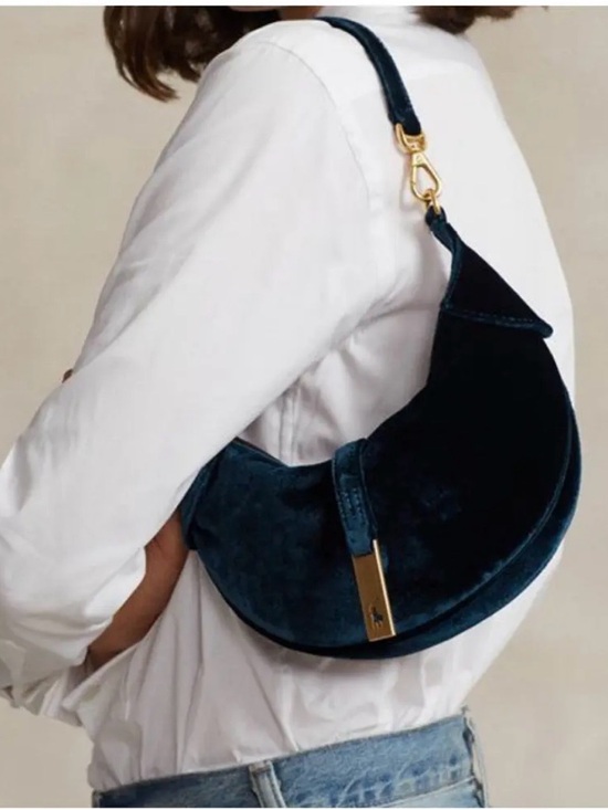 Ralph Lauren Handbags - Ralph Lauren Navy Velvet Crescent Shoulder Bag with Gold Hardware
